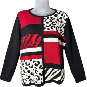 Alfred Dunner Petite Large Sweater Patchwork Red Black Leopard Print Granniecore